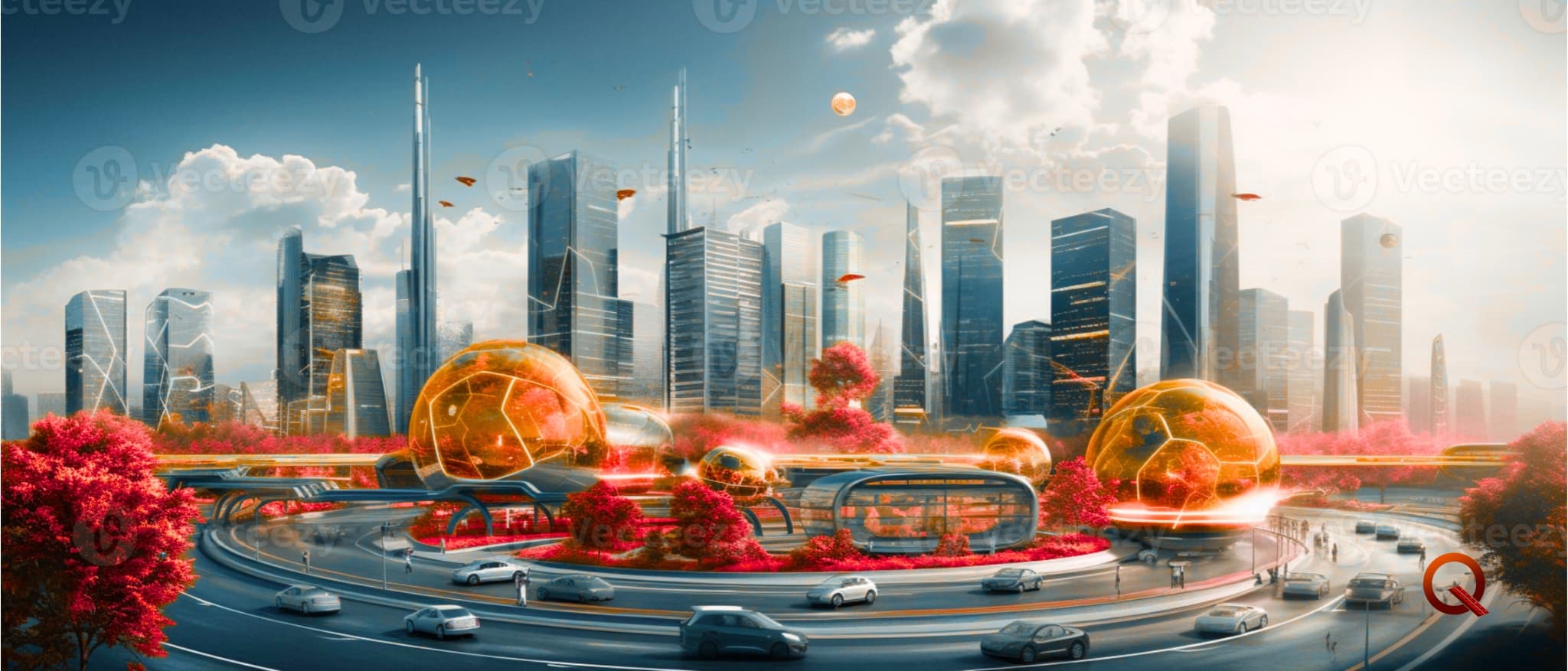 Digital cityscape with data lines and AI icons
